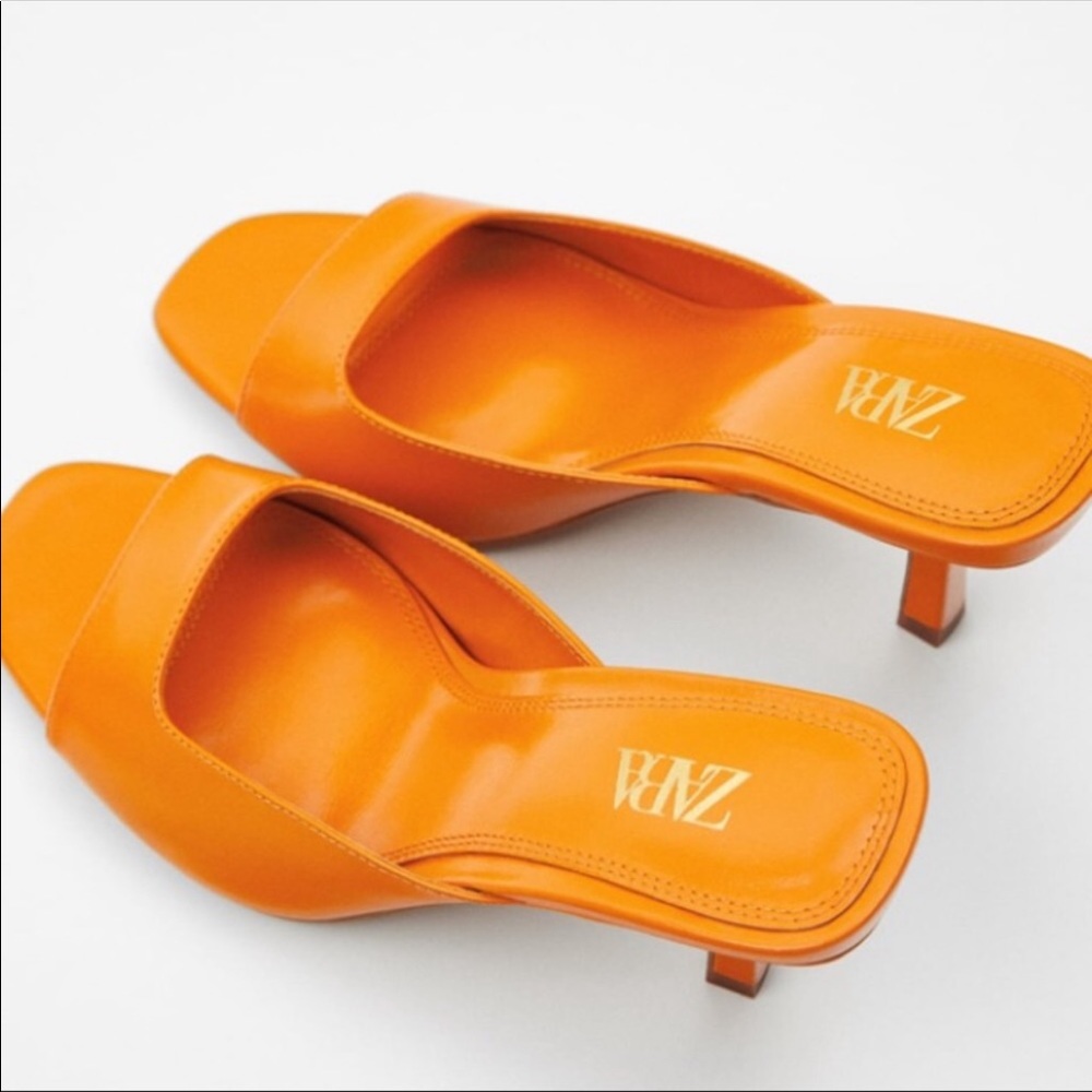 Zara Orange Square-Toe Leather Slide Sandals